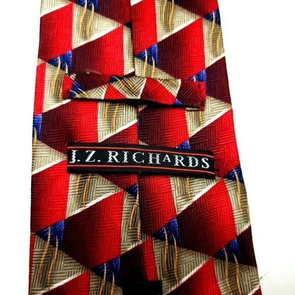 JZ Richards Silk Tie Print Red Geometric Wide Hand Made - Picture 3 of 7